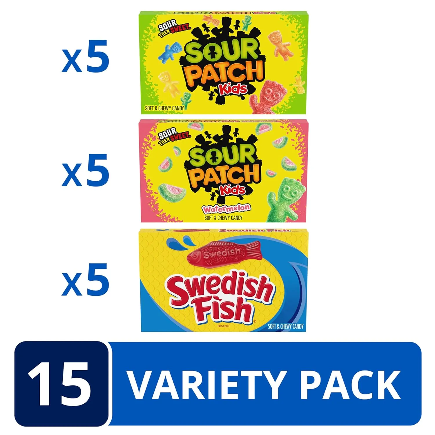 SOUR PATCH KIDS and SWEDISH FISH Soft & Chewy Candy Variety Pack, Bulk Candy, Mothers Day Candy, 15 Boxes