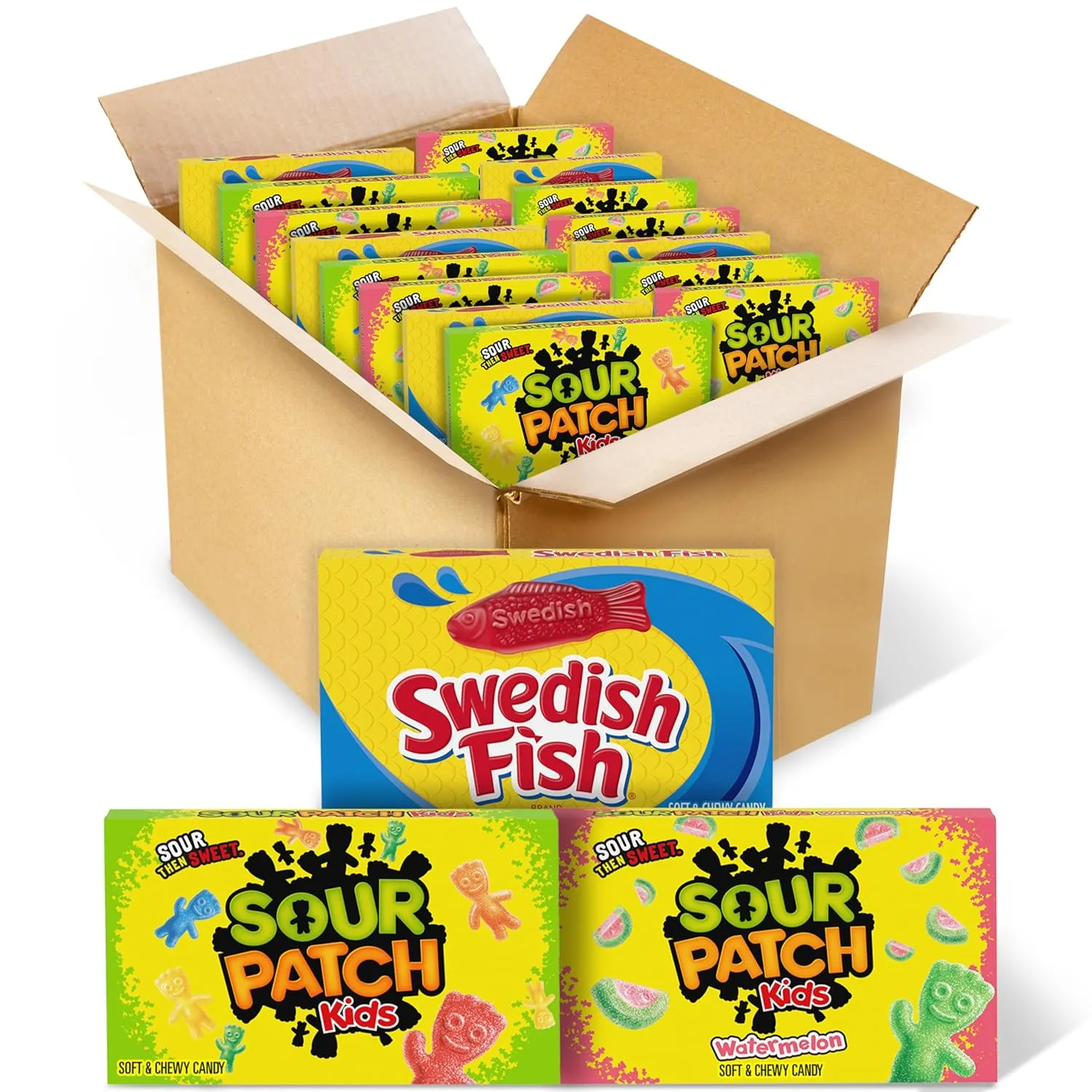 SOUR PATCH KIDS and SWEDISH FISH Soft & Chewy Candy Variety Pack, Bulk Candy, Mothers Day Candy, 15 Boxes