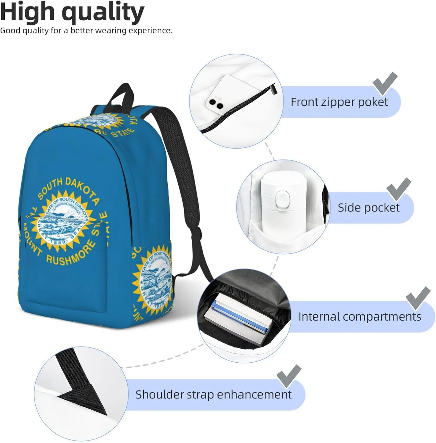 South Dakota Flag print Large Laptop Backpack for Women, Work Business Backpacks College Bookbag for School