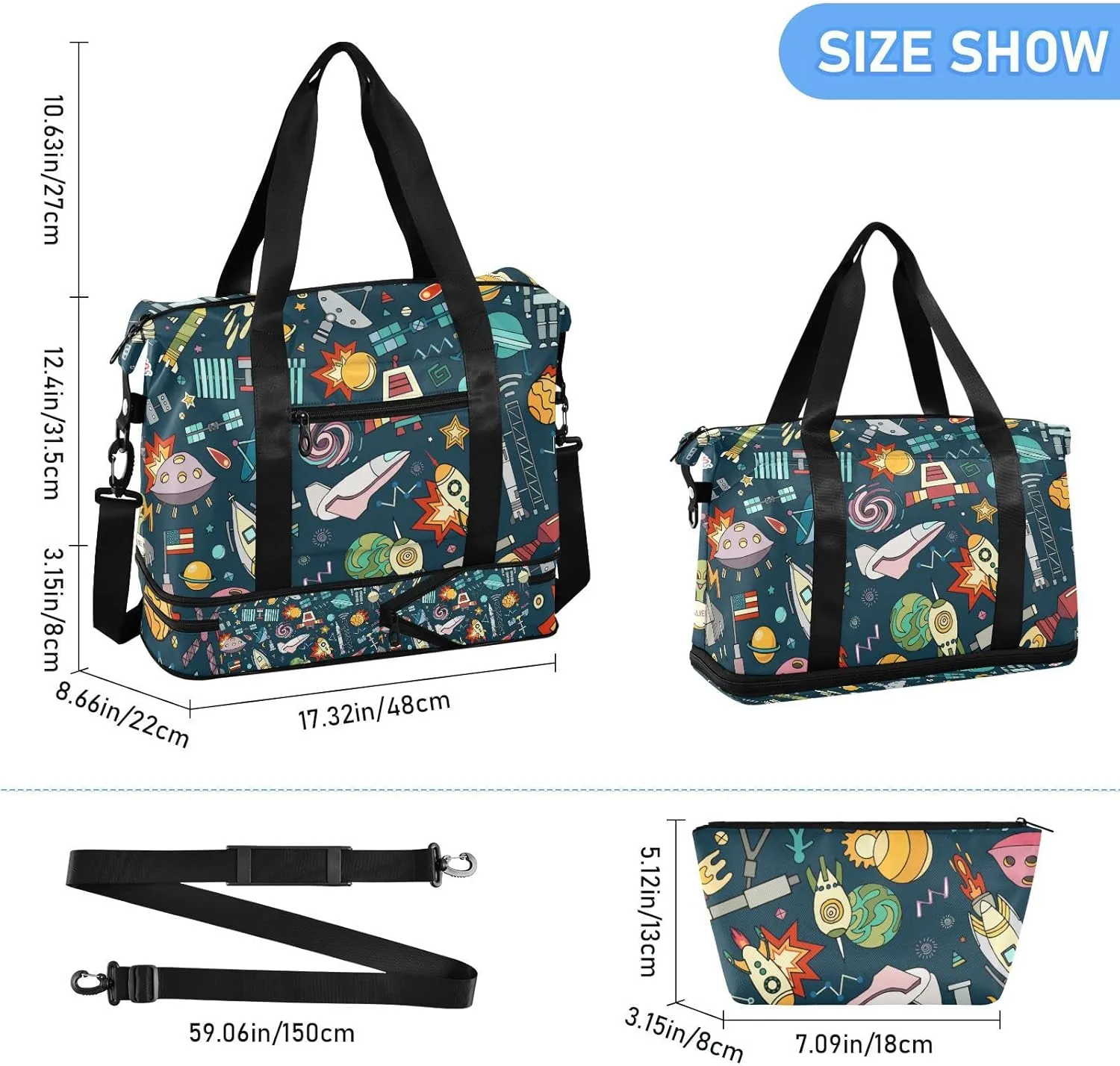 Space Solar System Moon Astronaut Planet Rocket Earth Universe Foldable Travel Bag, Camping Luggage bag, Portable Gym Bag, Sports Bag, Toiletry Bag with Handles Adjustable Shoulder Strap