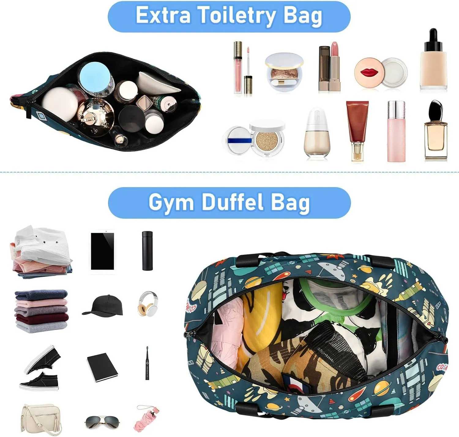 Space Solar System Moon Astronaut Planet Rocket Earth Universe Foldable Travel Bag, Camping Luggage bag, Portable Gym Bag, Sports Bag, Toiletry Bag with Handles Adjustable Shoulder Strap