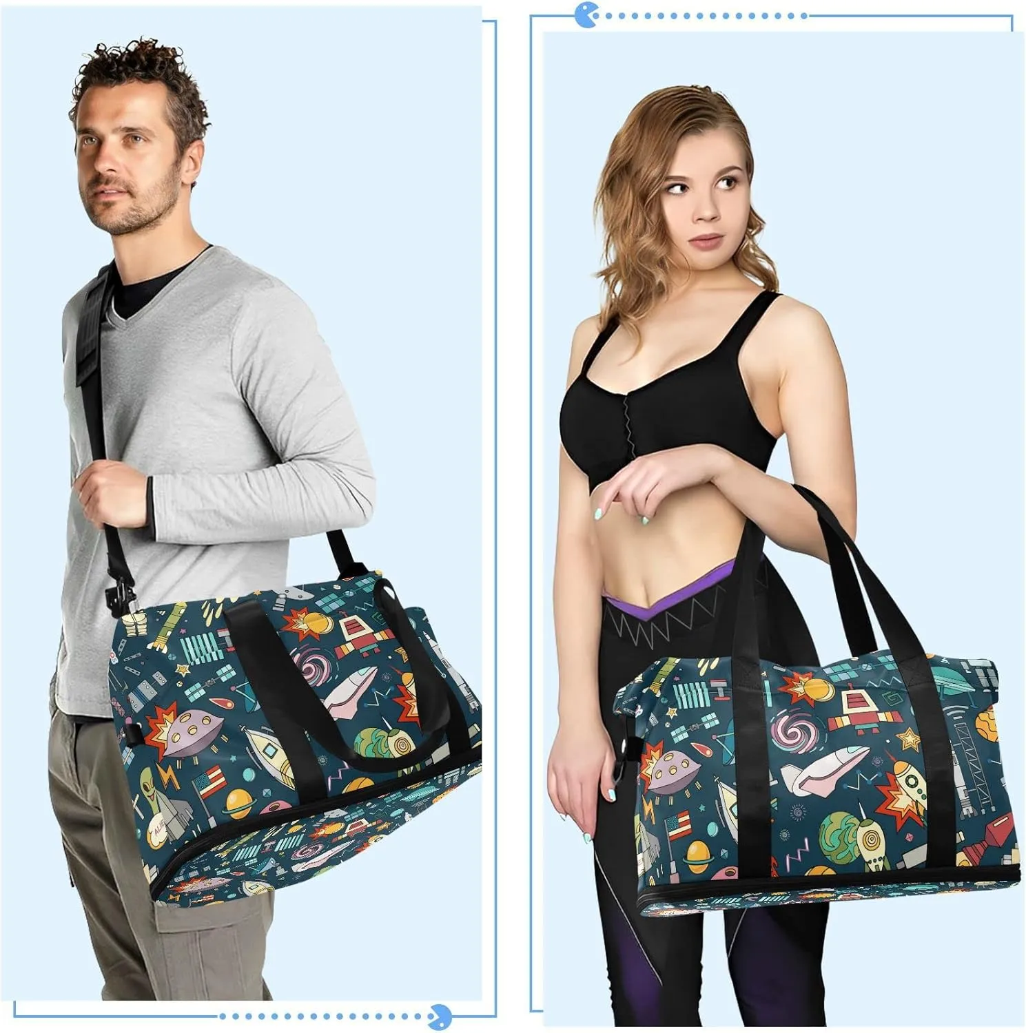 Space Solar System Moon Astronaut Planet Rocket Earth Universe Foldable Travel Bag, Camping Luggage bag, Portable Gym Bag, Sports Bag, Toiletry Bag with Handles Adjustable Shoulder Strap
