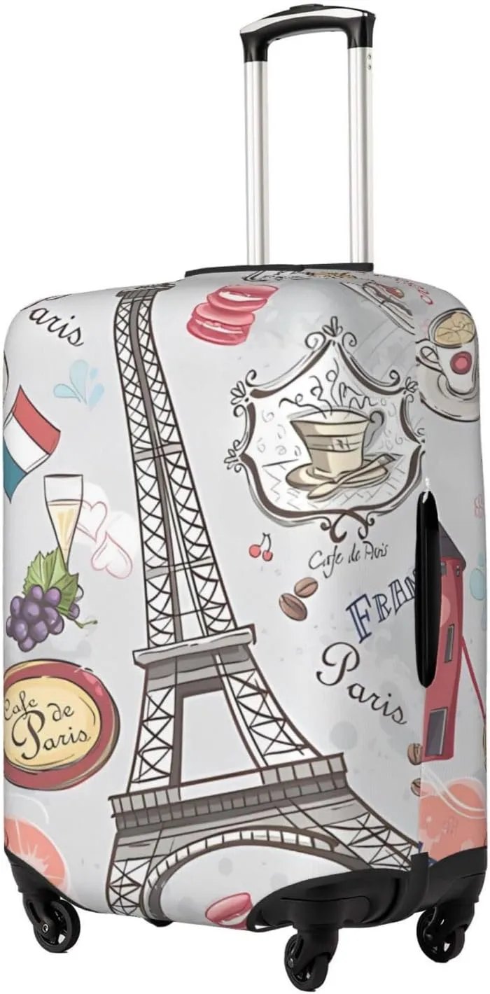 Spandex Travel Luggage Cover Suitcase Protector Bag,Paris Sights Gourmet France Anti-Scratch Fits 18-32 Inch Luggage, Baggage Covers For Kid And Adult,X-Large