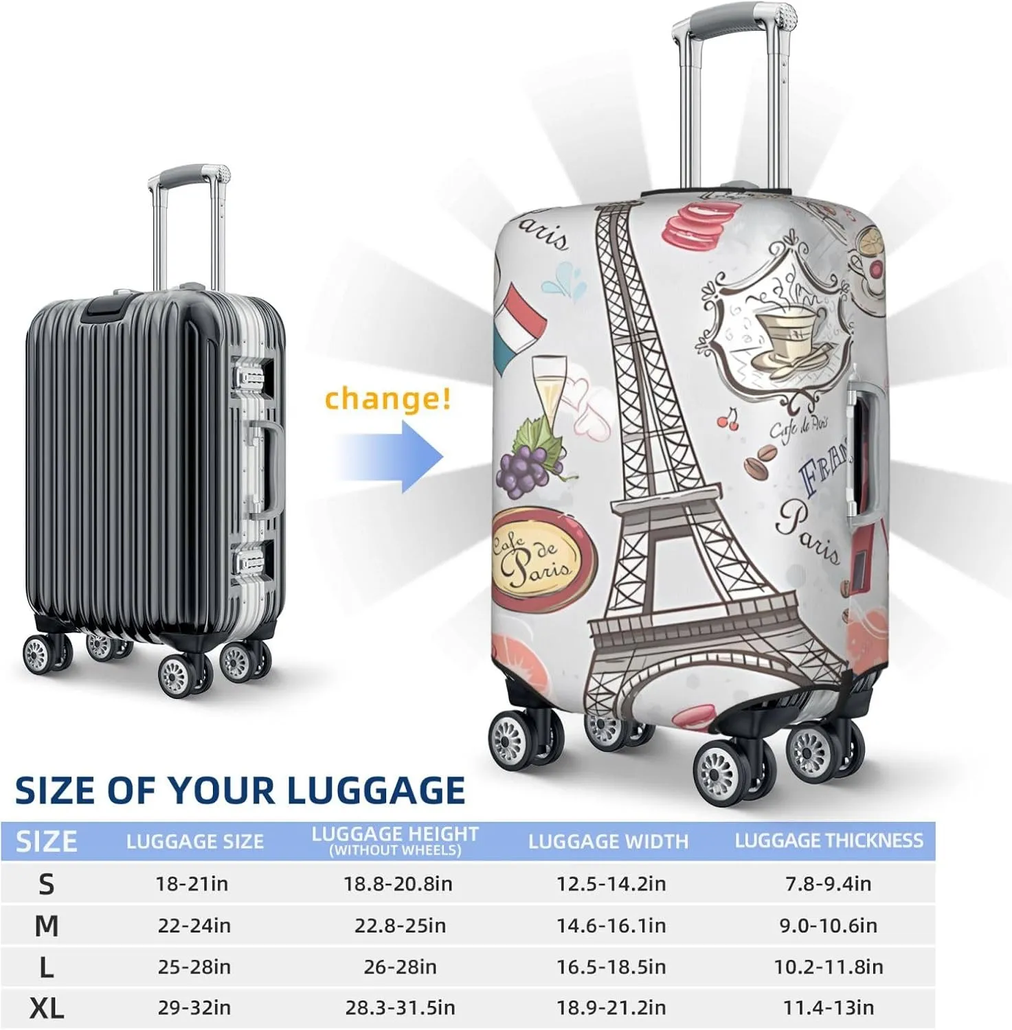 Spandex Travel Luggage Cover Suitcase Protector Bag,Paris Sights Gourmet France Anti-Scratch Fits 18-32 Inch Luggage, Baggage Covers For Kid And Adult,X-Large