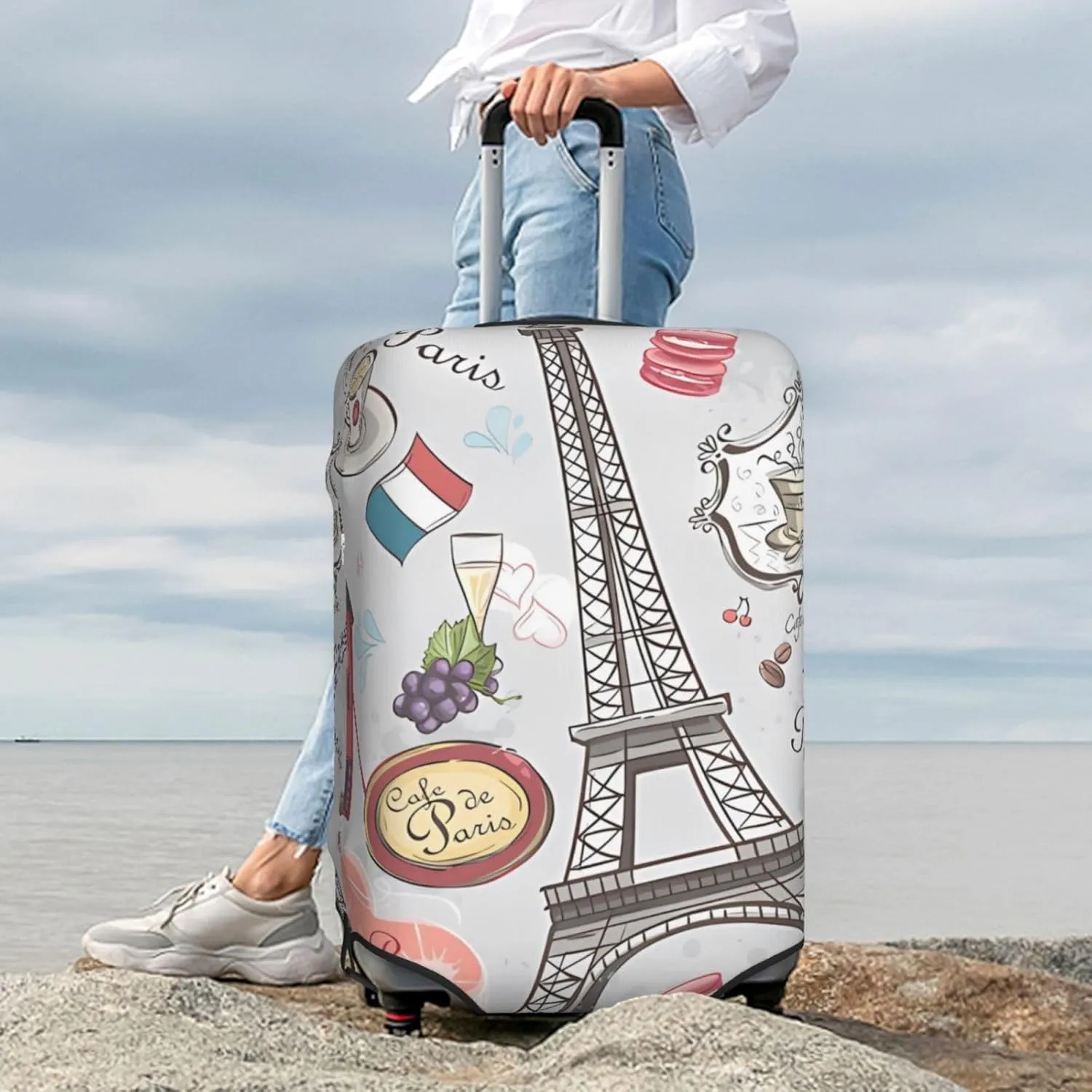 Spandex Travel Luggage Cover Suitcase Protector Bag,Paris Sights Gourmet France Anti-Scratch Fits 18-32 Inch Luggage, Baggage Covers For Kid And Adult,X-Large