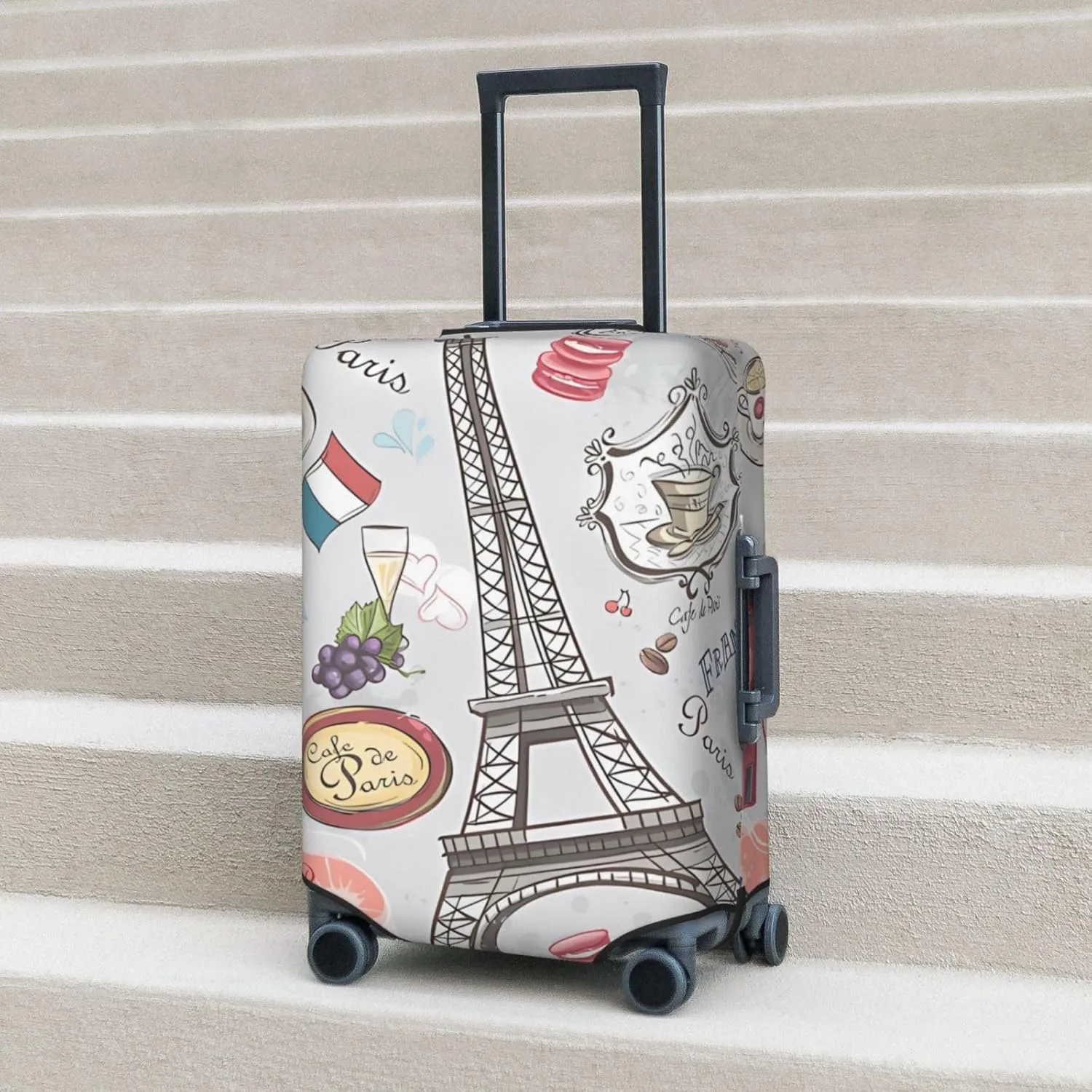 Spandex Travel Luggage Cover Suitcase Protector Bag,Paris Sights Gourmet France Anti-Scratch Fits 18-32 Inch Luggage, Baggage Covers For Kid And Adult,X-Large