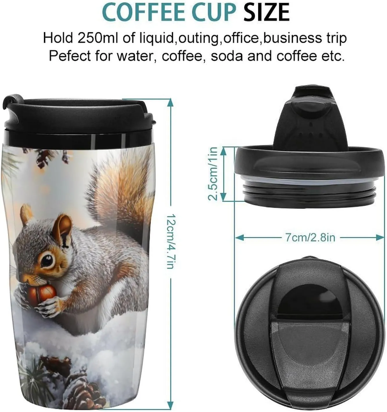 Squirrel Cute Animal Coffee Mug with Lid Portable Tumbler Water Bottle for Travel Business 250ml