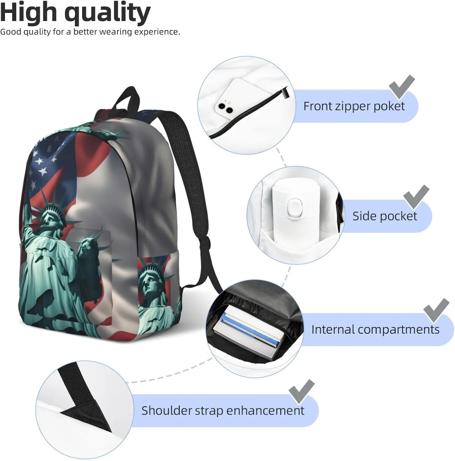 Statue of Liberty Flag print Large Laptop Backpack for Women, Work Business Backpacks College Bookbag for School