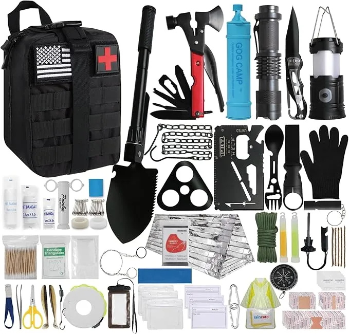 Survival Kit, 290Pcs Survival Gear First Aid Kit Emergency Tent, Camping Essentials Emergency Kit Accessories for Earthquake, Outdoor Adventure, Hiking, Hunting, Gifts for Men Women