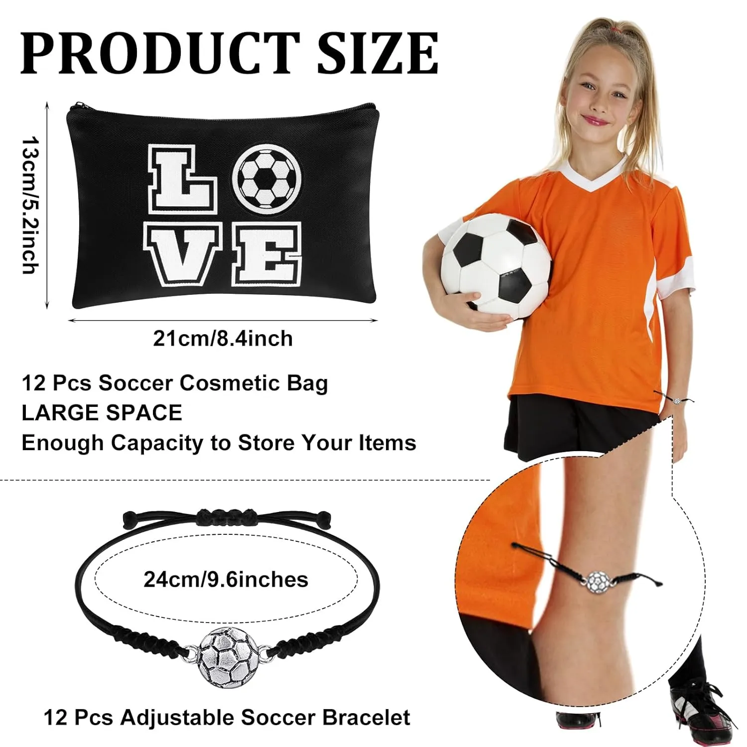 Sweetude 24 Pcs Soccer Gifts, 12 Adjustable Bracelets and 12 Makeup Bags, Soccer Accessories Gifts for Team Players Travel Charms Birthday Party Favors Supplies(Black)