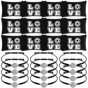 Sweetude 24 Pcs Soccer Gifts, 12 Adjustable Bracelets and 12 Makeup Bags, Soccer Accessories Gifts for Team Players Travel Charms Birthday Party Favors Supplies(Black)