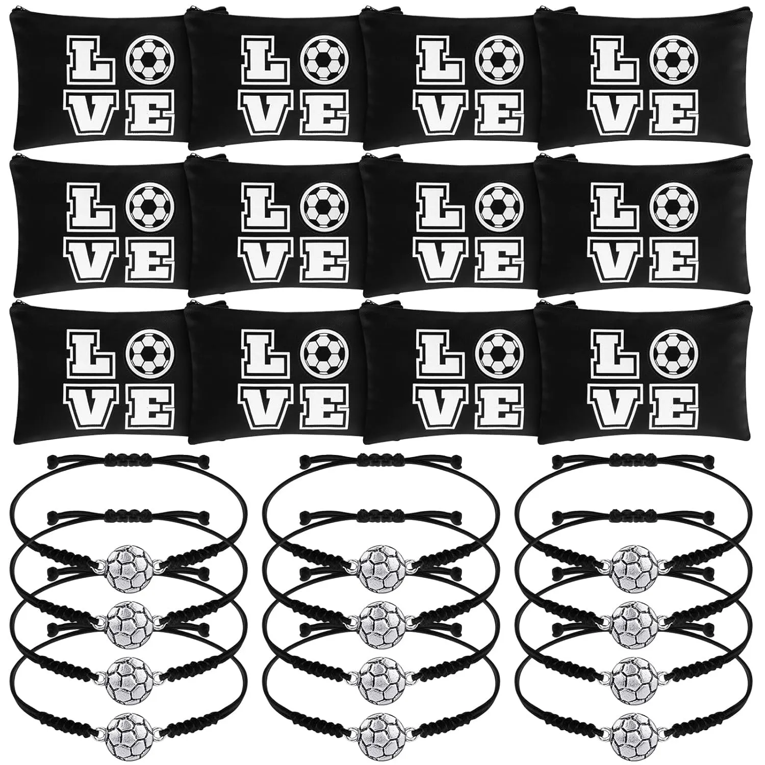 Sweetude 24 Pcs Soccer Gifts, 12 Adjustable Bracelets and 12 Makeup Bags, Soccer Accessories Gifts for Team Players Travel Charms Birthday Party Favors Supplies(Black)
