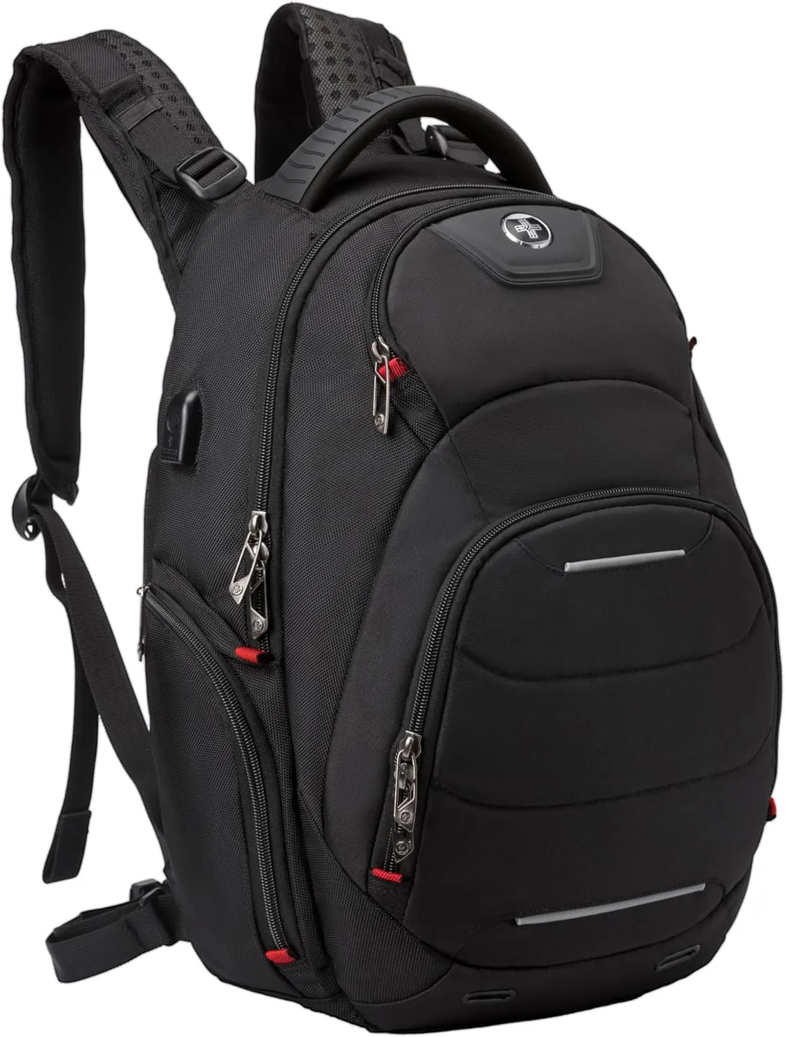 Swissdigital Design Laptop Backpack for Man and Woman, Fits 15.6 Inch Computer Bag with Convenient USB Charging Port and Vibrating Massager Shoulder Straps, Black | NEPTUNE SV