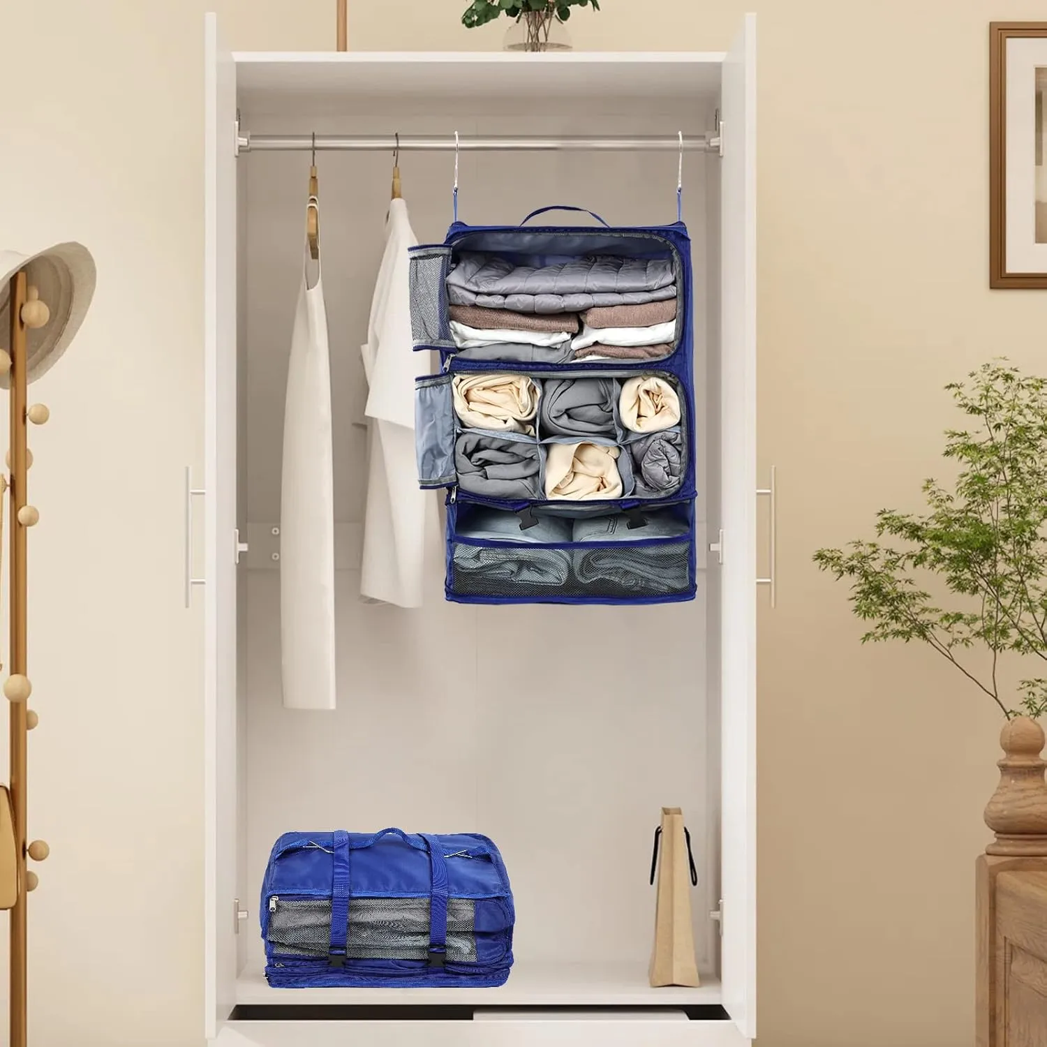 TABITORA Travel Portable Hanging Shelves Closet Organizer Packing Luggage Storage with Multifunctional and Foldable Invisible Compartment,Lightweight, for Suitcase, RV,Closet…Blue,XXL