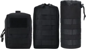 Tactical MOLLE Pouches 3 Pack, Military Water Bottle Holder Utility Waist Bag Set, Outdoor EDC Gear Attachment Bags, Black Modular Storage System for Hiking Camping