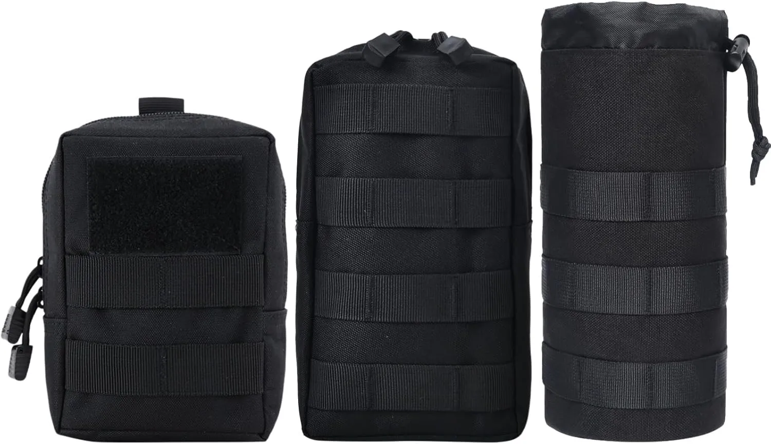Tactical MOLLE Pouches 3 Pack, Military Water Bottle Holder Utility Waist Bag Set, Outdoor EDC Gear Attachment Bags, Black Modular Storage System for Hiking Camping
