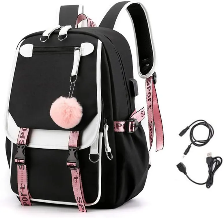 Teenage girls Backpacks with USB Port, Kids Black Backpack Lightweight Waterproof Can Hold 15.6 Laptop, Tablet.cute backpacks for high school Can Be Used As Gifts For Students Or Friends (Black)