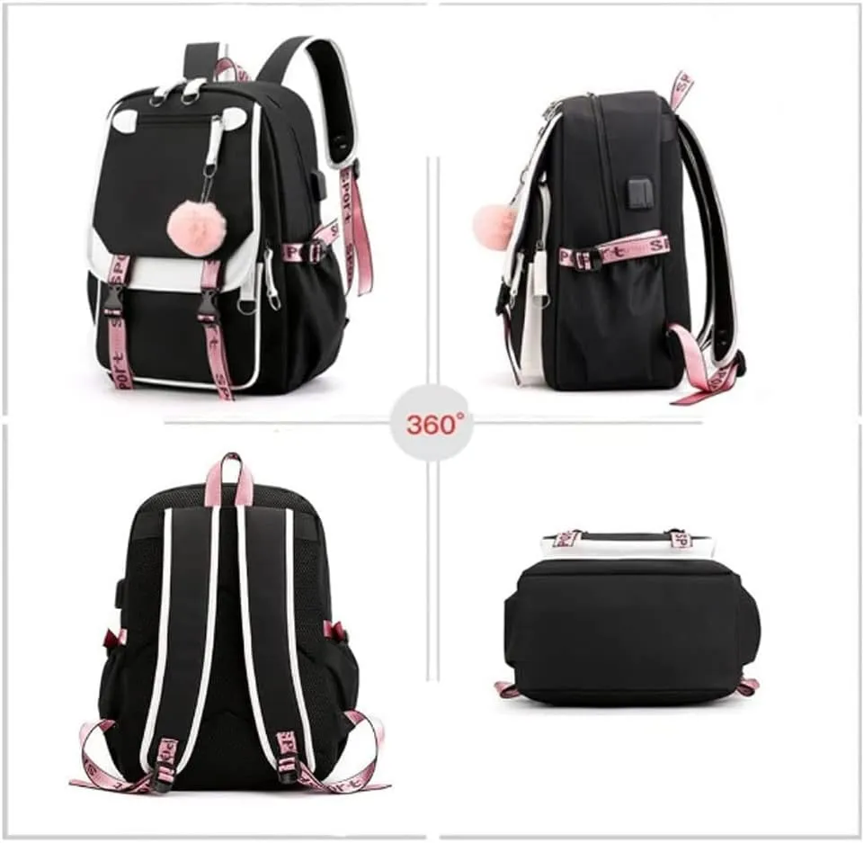 Teenage girls Backpacks with USB Port, Kids Black Backpack Lightweight Waterproof Can Hold 15.6 Laptop, Tablet.cute backpacks for high school Can Be Used As Gifts For Students Or Friends (Black)