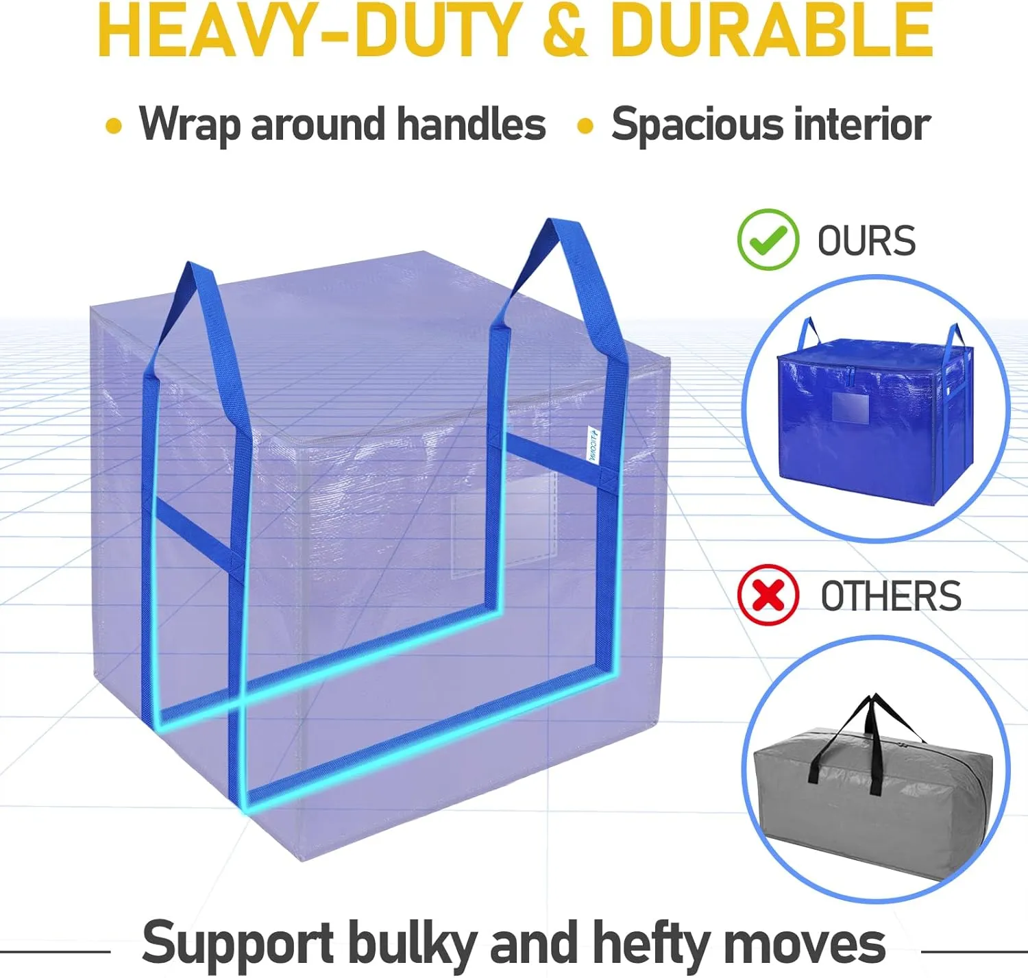 TICONN 4 Pack Extra Large Moving Bags with Zippers & Carrying Handles, Heavy-Duty Storage Tote Moving Boxes for Space Saving (4 PK, 60 Gallon)