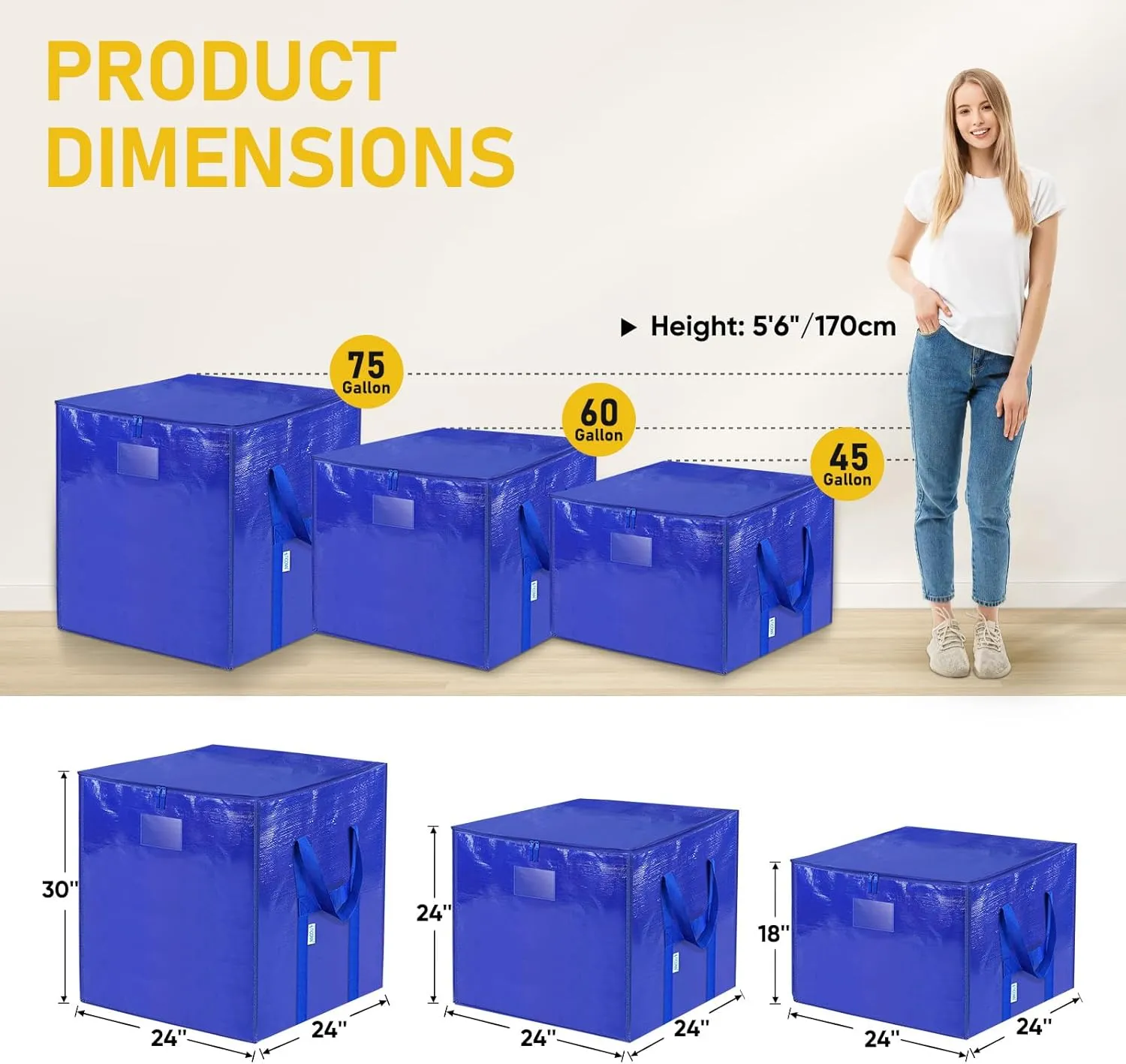 TICONN 4 Pack Extra Large Moving Bags with Zippers & Carrying Handles, Heavy-Duty Storage Tote Moving Boxes for Space Saving (4 PK, 60 Gallon)
