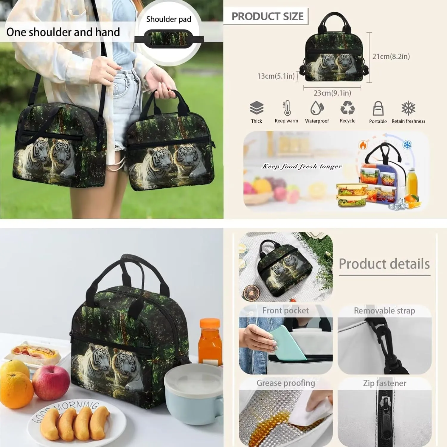 Tiger Backpack for School with Lunchbox for Boys Ergonomic Bookbag for Kindergarten Elementary Ages 8-10 3D Print 3rd Grade School Bag with Water Bottle Holder 4 Pcs