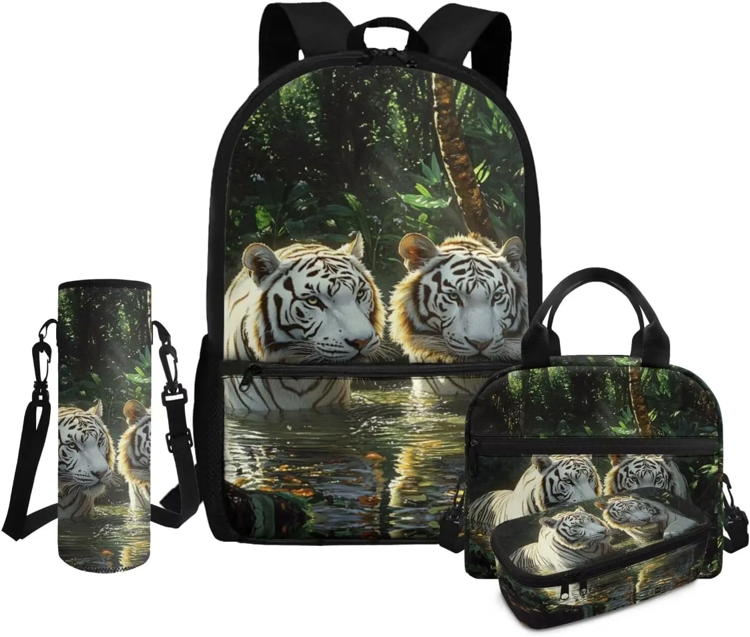 Tiger Backpack for School with Lunchbox for Boys Ergonomic Bookbag for Kindergarten Elementary Ages 8-10 3D Print 3rd Grade School Bag with Water Bottle Holder 4 Pcs