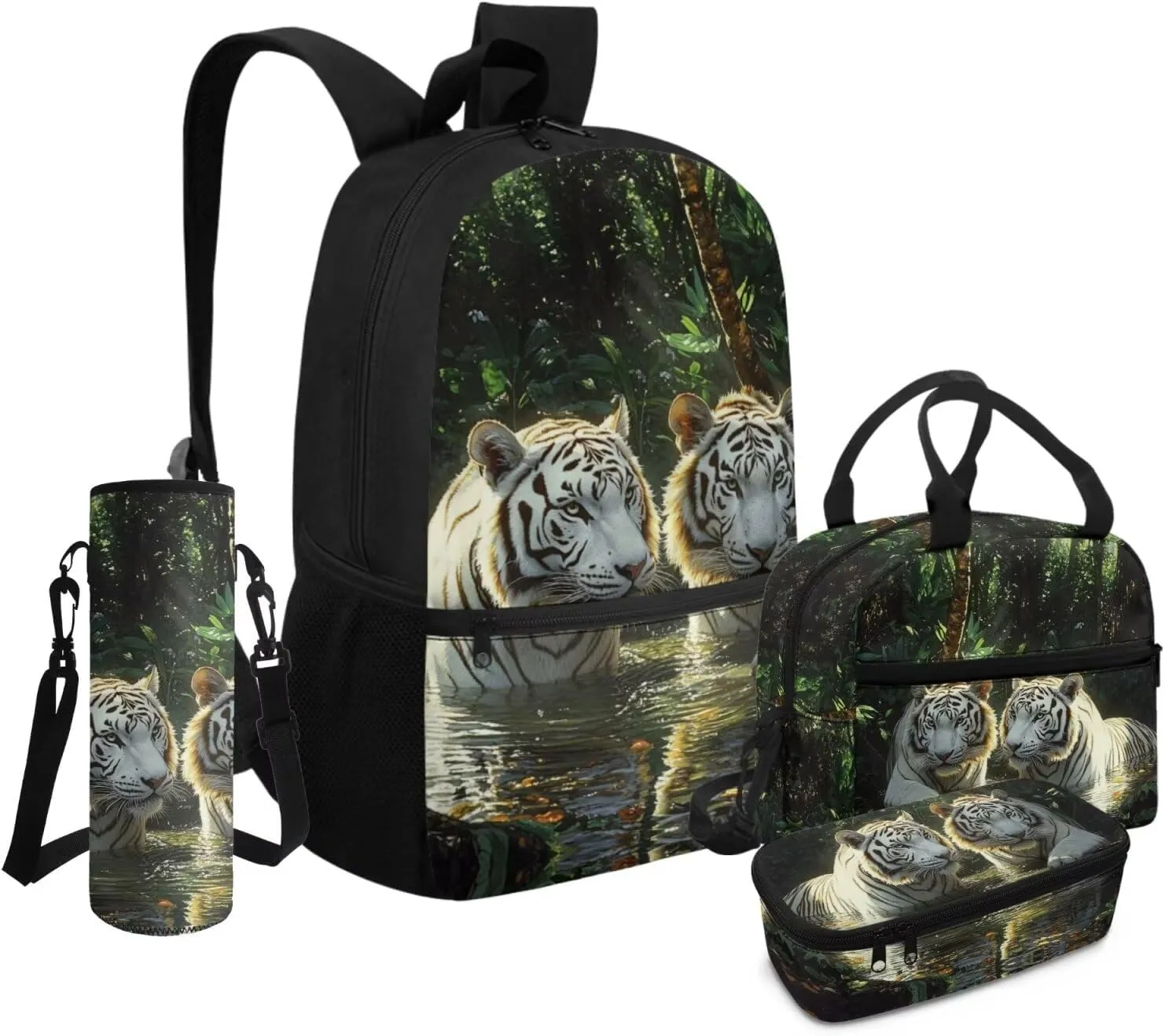 Tiger Backpack for School with Lunchbox for Boys Ergonomic Bookbag for Kindergarten Elementary Ages 8-10 3D Print 3rd Grade School Bag with Water Bottle Holder 4 Pcs