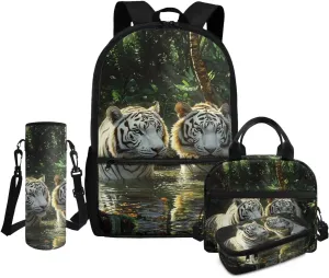 Tiger Backpack for School with Lunchbox for Boys Ergonomic Bookbag for Kindergarten Elementary Ages 8-10 3D Print 3rd Grade School Bag with Water Bottle Holder 4 Pcs