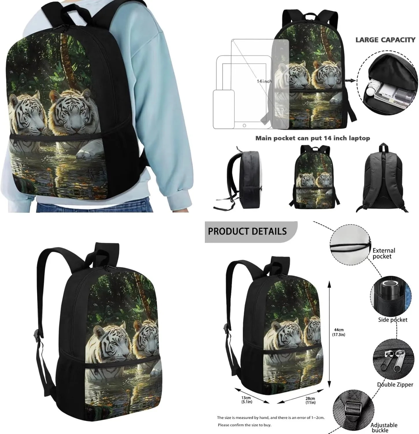 Tiger Backpack for School with Lunchbox for Boys Ergonomic Bookbag for Kindergarten Elementary Ages 8-10 3D Print 3rd Grade School Bag with Water Bottle Holder 4 Pcs