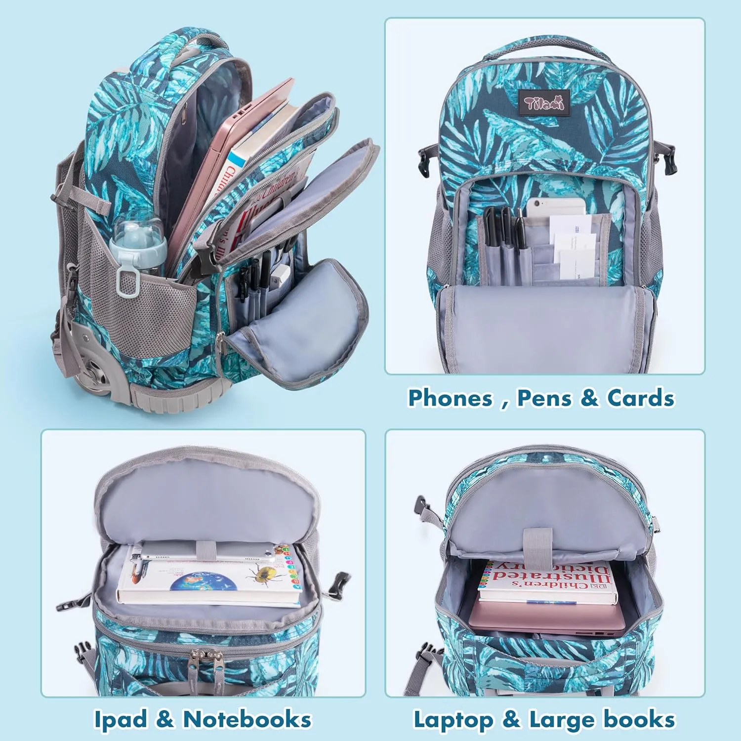 Tilami Rolling Backpack 19 inch Wheeled Boys Girls Travel School Student Trip…