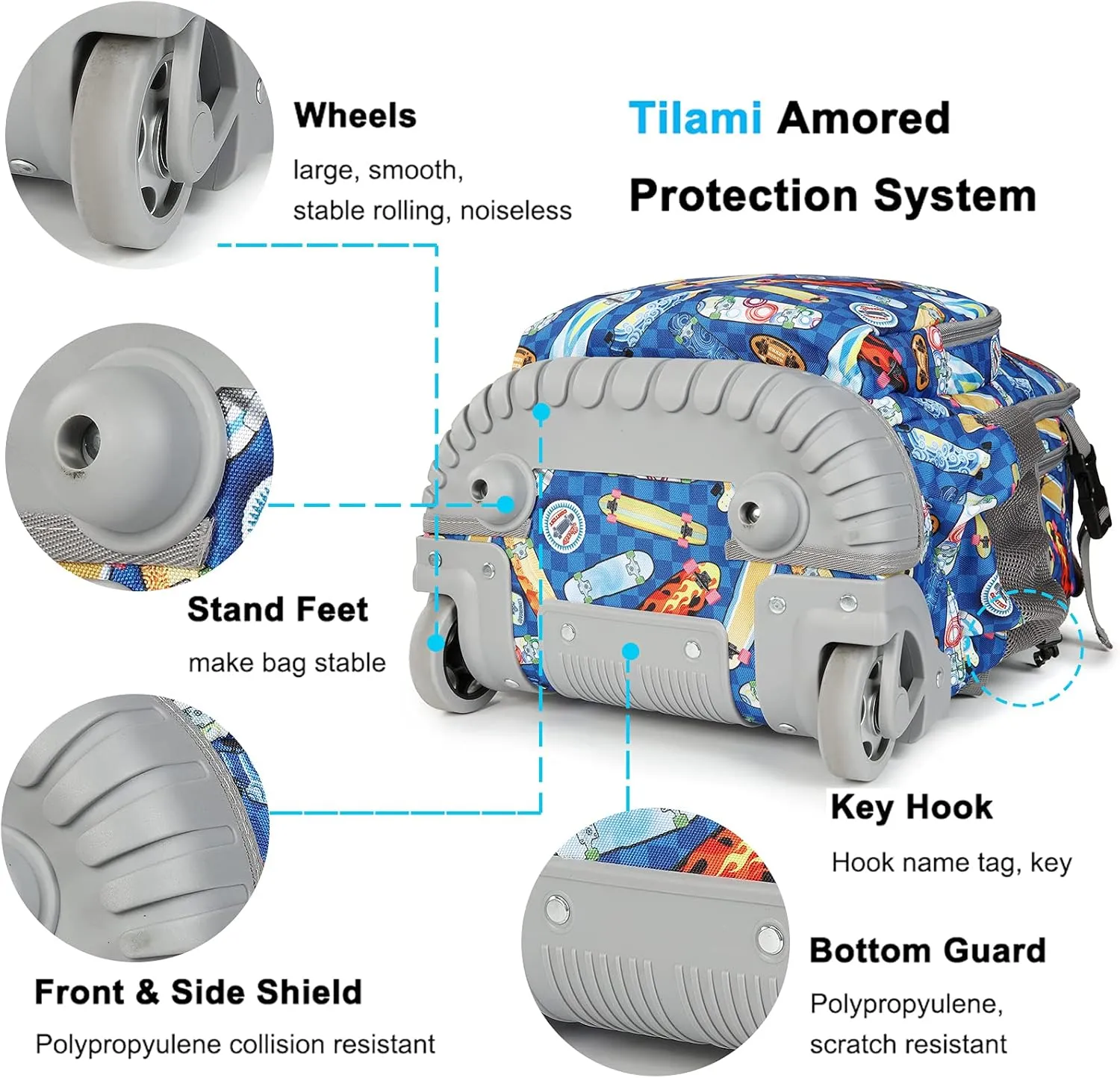 Tilami Rolling Backpack Armor Luggage School Travel Book Laptop 18 Inch Multifunction Wheeled Backpack Students, Skateboard
