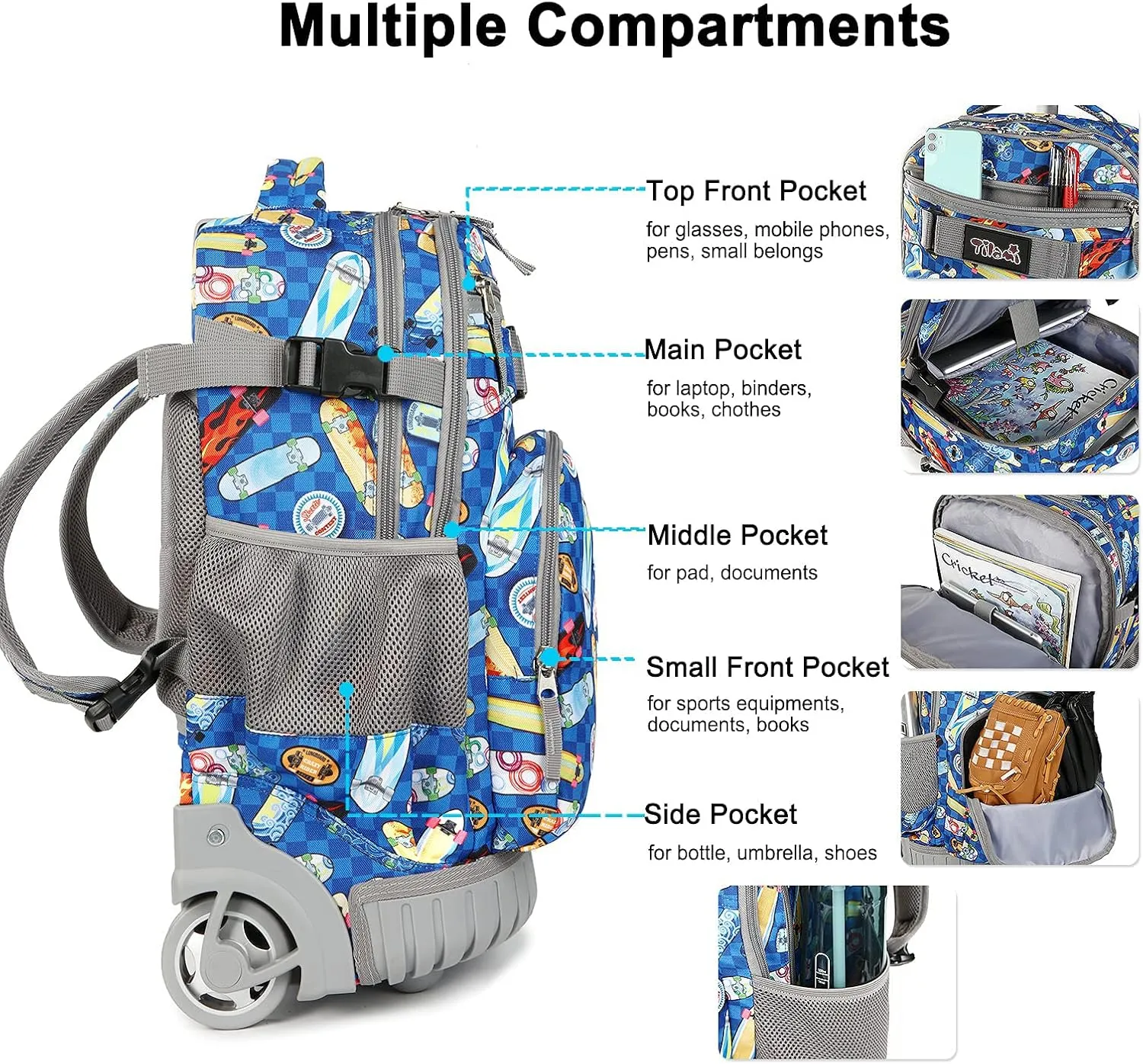 Tilami Rolling Backpack Armor Luggage School Travel Book Laptop 18 Inch Multifunction Wheeled Backpack Students, Skateboard