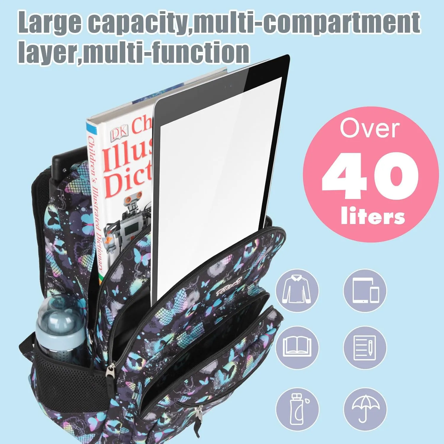 Tilami Rolling Backpack for Kids 18 Inch Double Handle Wheeled Bookbag for Boys & Girls for School & Travel,Butterfly