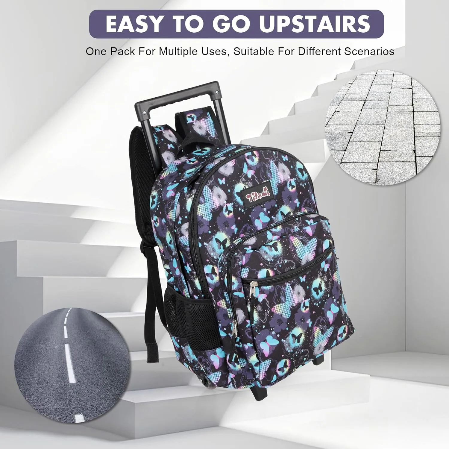 Tilami Rolling Backpack for Kids 18 Inch Double Handle Wheeled Bookbag for Boys & Girls for School & Travel,Butterfly