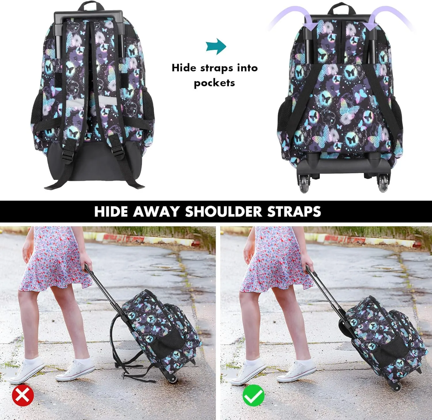 Tilami Rolling Backpack for Kids 18 Inch Double Handle Wheeled Bookbag for Boys & Girls for School & Travel,Butterfly