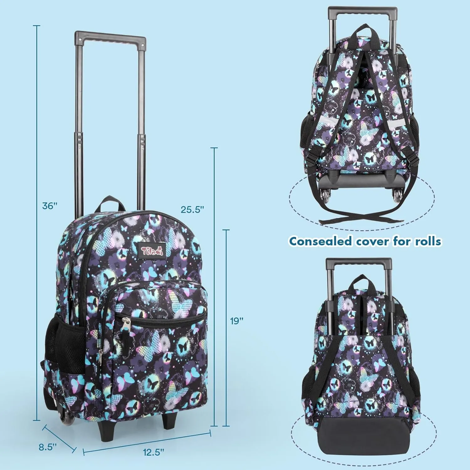 Tilami Rolling Backpack for Kids 18 Inch Double Handle Wheeled Bookbag for Boys & Girls for School & Travel,Butterfly