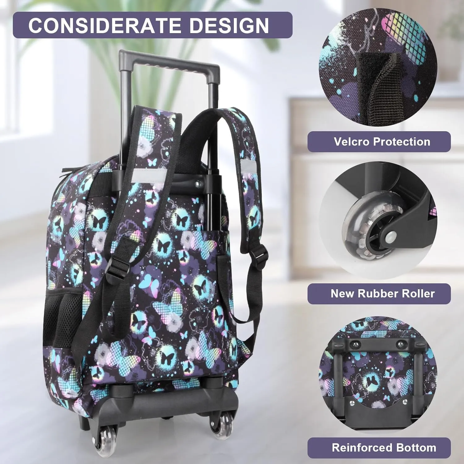 Tilami Rolling Backpack for Kids 18 Inch Double Handle Wheeled Bookbag for Boys & Girls for School & Travel,Butterfly