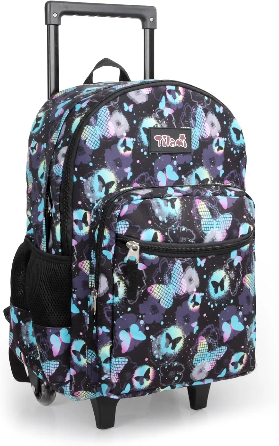 Tilami Rolling Backpack for Kids 18 Inch Double Handle Wheeled Bookbag for Boys & Girls for School & Travel,Butterfly