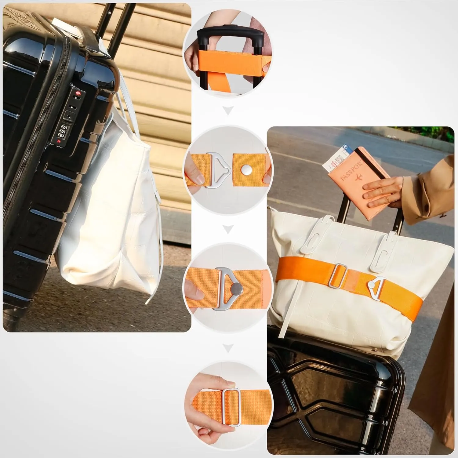 TOOVREN 2-in-1 Travel Belt for Luggage Straps Add a Bag Bungees Suitcase Luggage Strap Over Handle Suitcases Belt for Carry On Bag Adjustable Backpack Attachment Airport Travel Accessories Orange