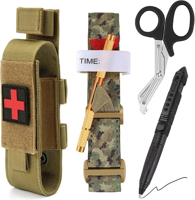 Tourniquet Kit, Upgrade Tactical Single-Handed Spinning Tourniquet with Metal Rod, TQ Tourniquet Tactical Pen Medical Shear Pouch Holder Tourniquet Kit for Outdoor Camping Hiking (Black)