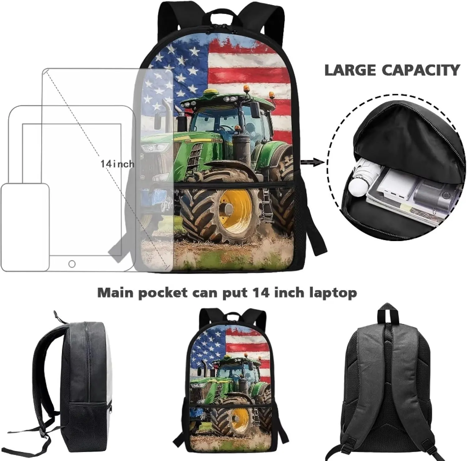 Tractor Backpack for Toddler Boys America Flag Boys Backpacks for Kids 6-8 Polyester 17 Inch School Bag with Front Zipper Pockets for Primary School Students