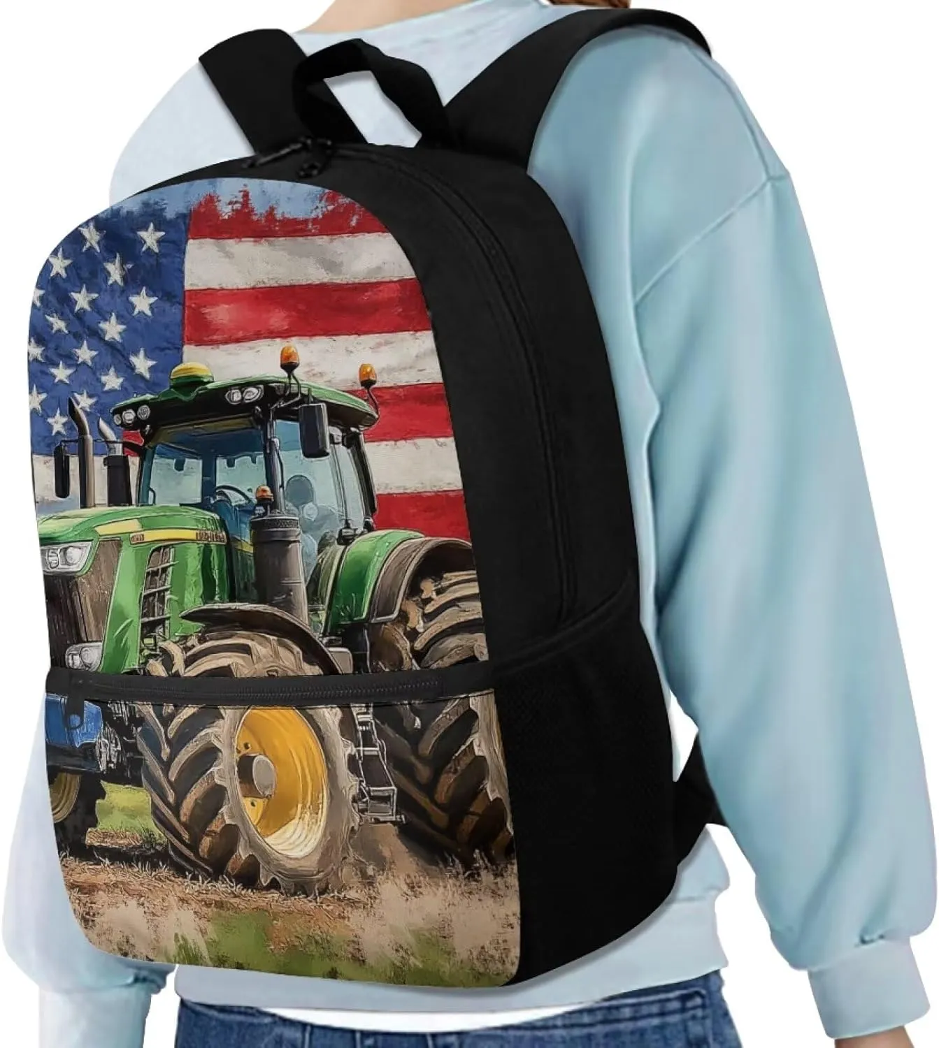 Tractor Backpack for Toddler Boys America Flag Boys Backpacks for Kids 6-8 Polyester 17 Inch School Bag with Front Zipper Pockets for Primary School Students