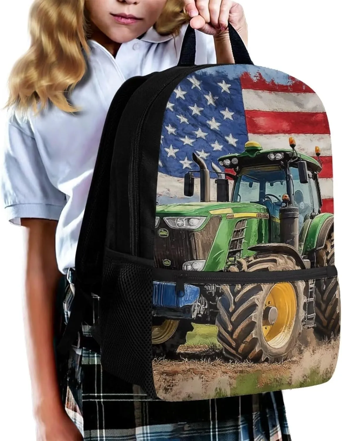 Tractor Backpack for Toddler Boys America Flag Boys Backpacks for Kids 6-8 Polyester 17 Inch School Bag with Front Zipper Pockets for Primary School Students