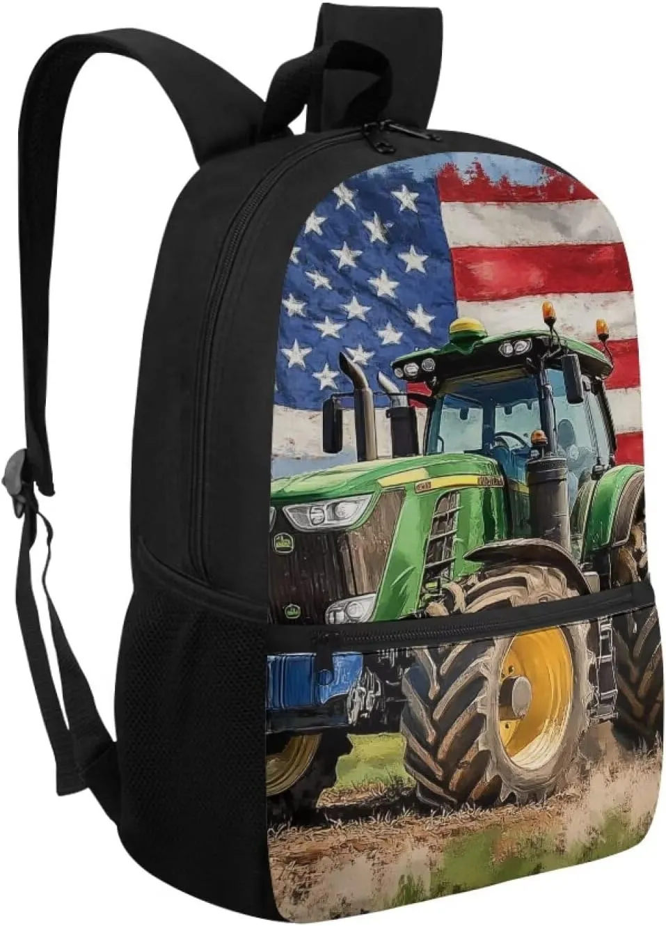 Tractor Backpack for Toddler Boys America Flag Boys Backpacks for Kids 6-8 Polyester 17 Inch School Bag with Front Zipper Pockets for Primary School Students