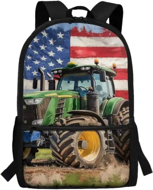 Tractor Backpack for Toddler Boys America Flag Boys Backpacks for Kids 6-8 Polyester 17 Inch School Bag with Front Zipper Pockets for Primary School Students