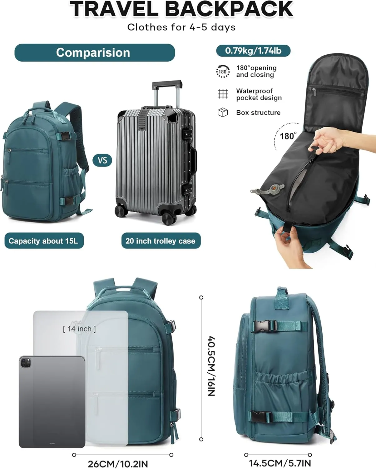 Travel Airback Backpack,Carry on Backpack with Air Pump,Vacuum Seal Compression Backpacks,Personal Item Travel Bag Airlines Approved,18x14x8 inches travel bag,Peacock Blue