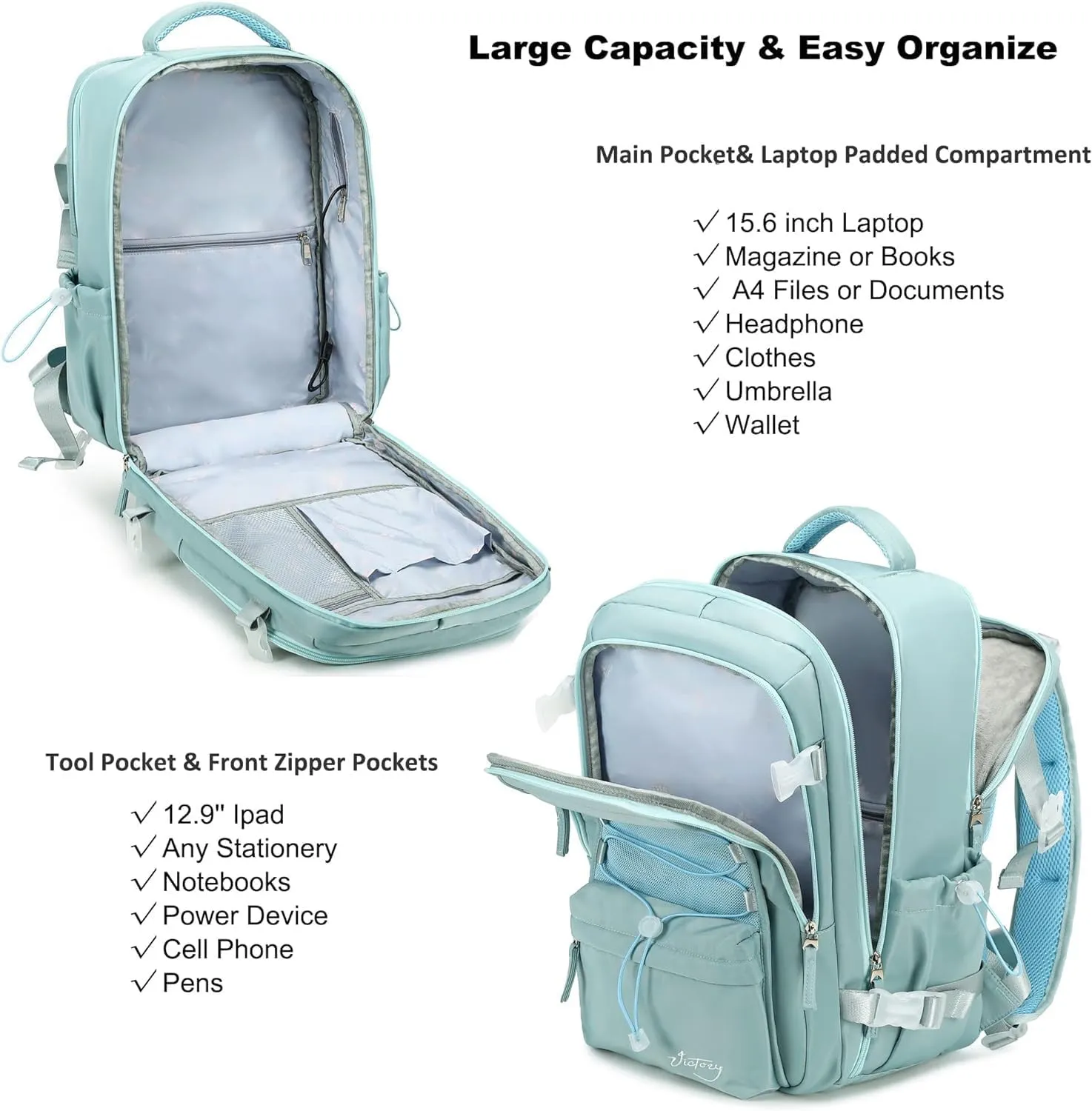 Travel Backpack for Women Men 15.6 Inch Laptop Backpacks with USB Port Carry on Backpack Flight Approved Large Back Pack College Bookbags Outdoor Sports Hiking Rucksack Casual Daypack (Green)