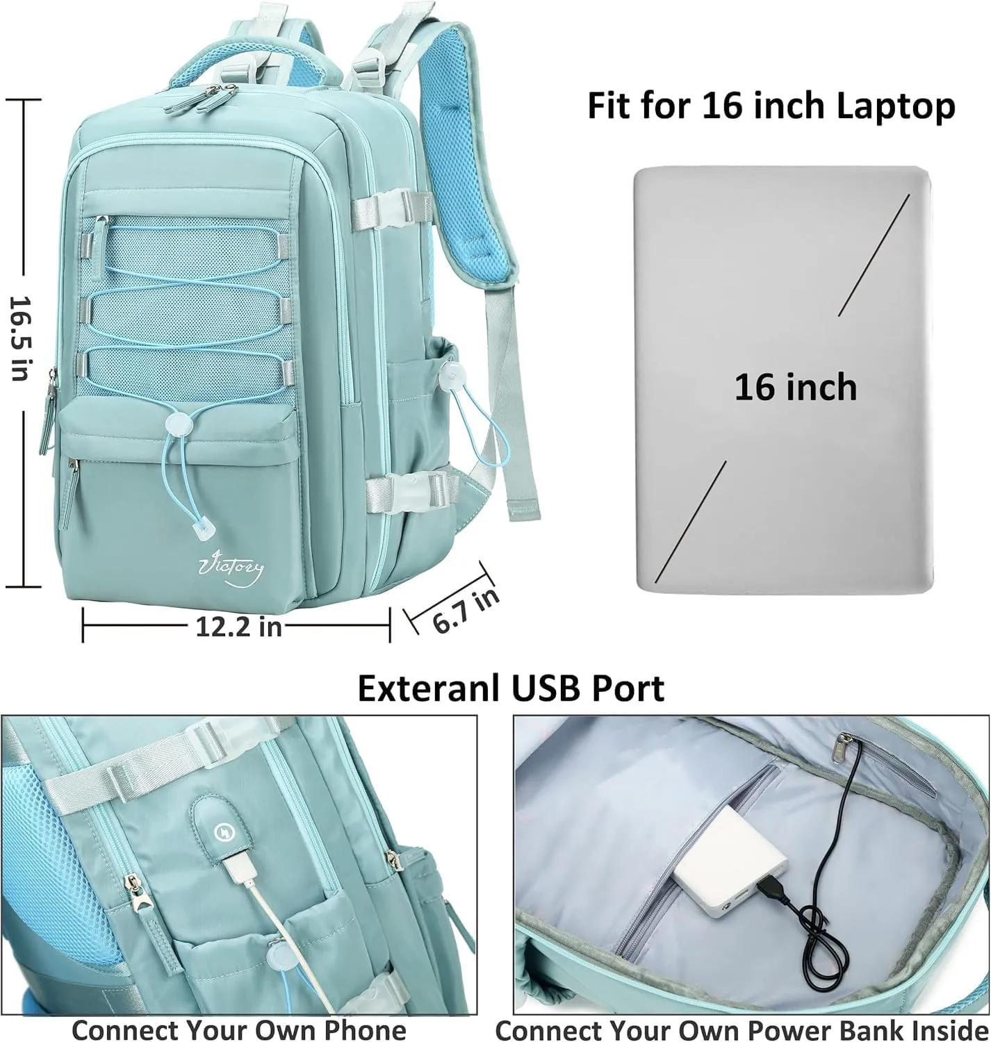 Travel Backpack for Women Men 15.6 Inch Laptop Backpacks with USB Port Carry on Backpack Flight Approved Large Back Pack College Bookbags Outdoor Sports Hiking Rucksack Casual Daypack (Green)