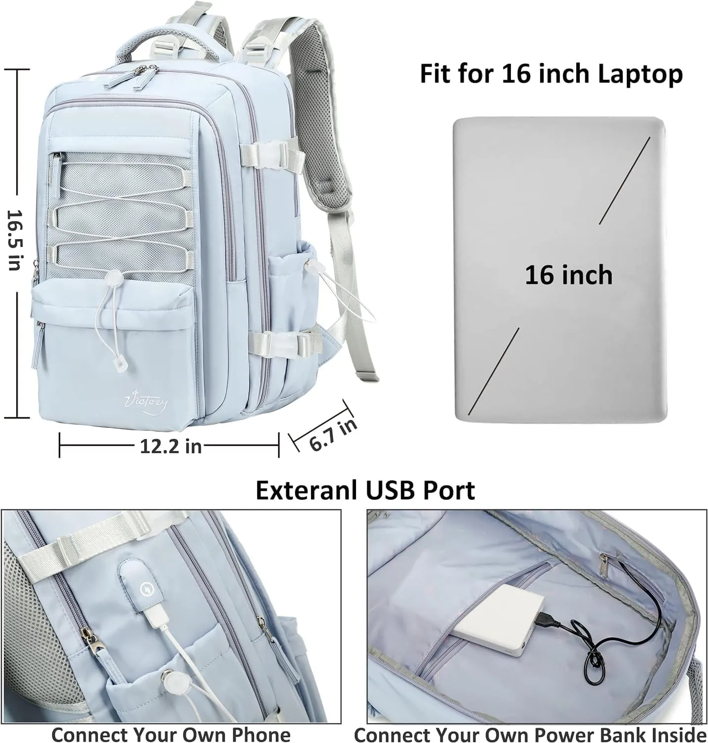 Travel Backpack for Women Men 15.6 Inch Laptop Backpacks with USB Port Carry on Bag Airline Approved Large College School Bookbags Waterproof Work Business Sport Rucksack Casual Daypack (Blue)