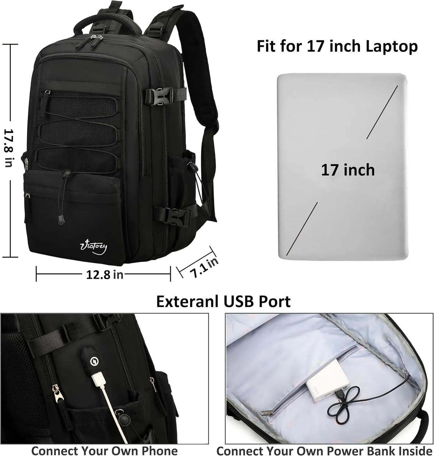 Travel Backpack for Women Men 17 Inch Laptop Backpacks with USB Port Carry on Bag Airline Approved Large College School Bookbags Waterproof Work Business Sport Rucksack Casual Daypack (Black)